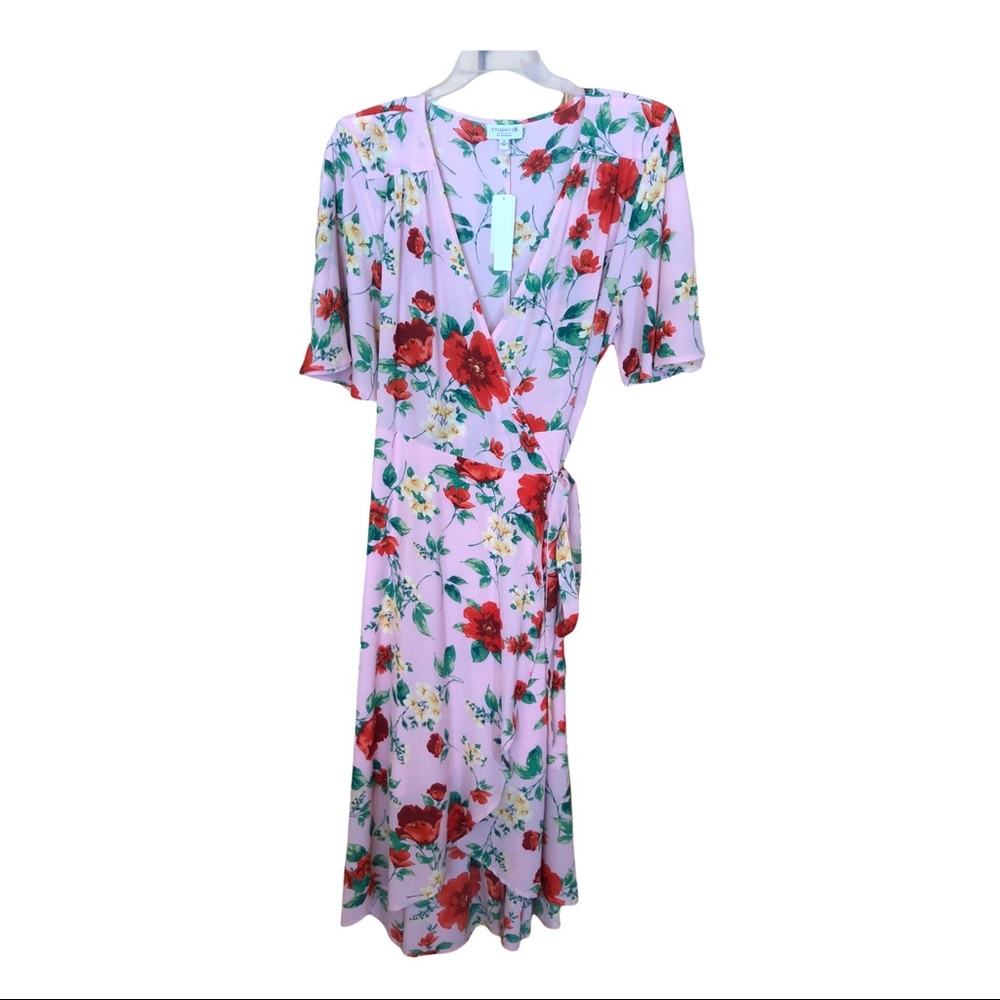 NWT Bobeau Floral Pink Red TRUE WRAP PLUS 2X Dress Lined Artsy Flutter Sleeves
